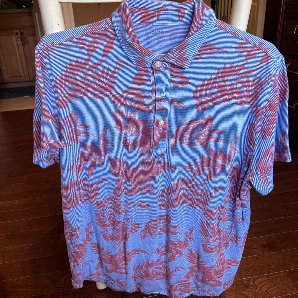 Bonobos Men's Blue and Red Leaf Print Polo